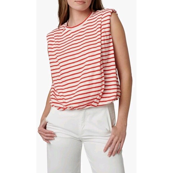 JOE'S Jeans Womens M Top Red Striped Sleeveless Bubble Hem Padded Shoulders $98 - Picture 13 of 16